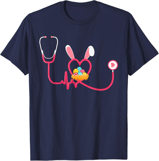 Nurse Stethoscope Easter Bunny Ears Easter Day Bunny Nursing T-Shirt - T-Shirt | Navy