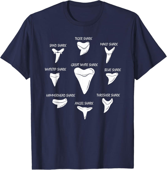 9 Types Of Sharks Teeth Species Biology Life Tooth Collector T-Shirt - T-Shirt | Navy