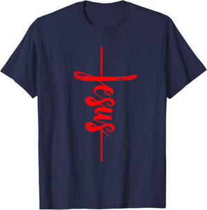 Jesus Christian Cross Art Cursive Inspiring Gift Men Women T-Shirt - T-Shirt | Navy