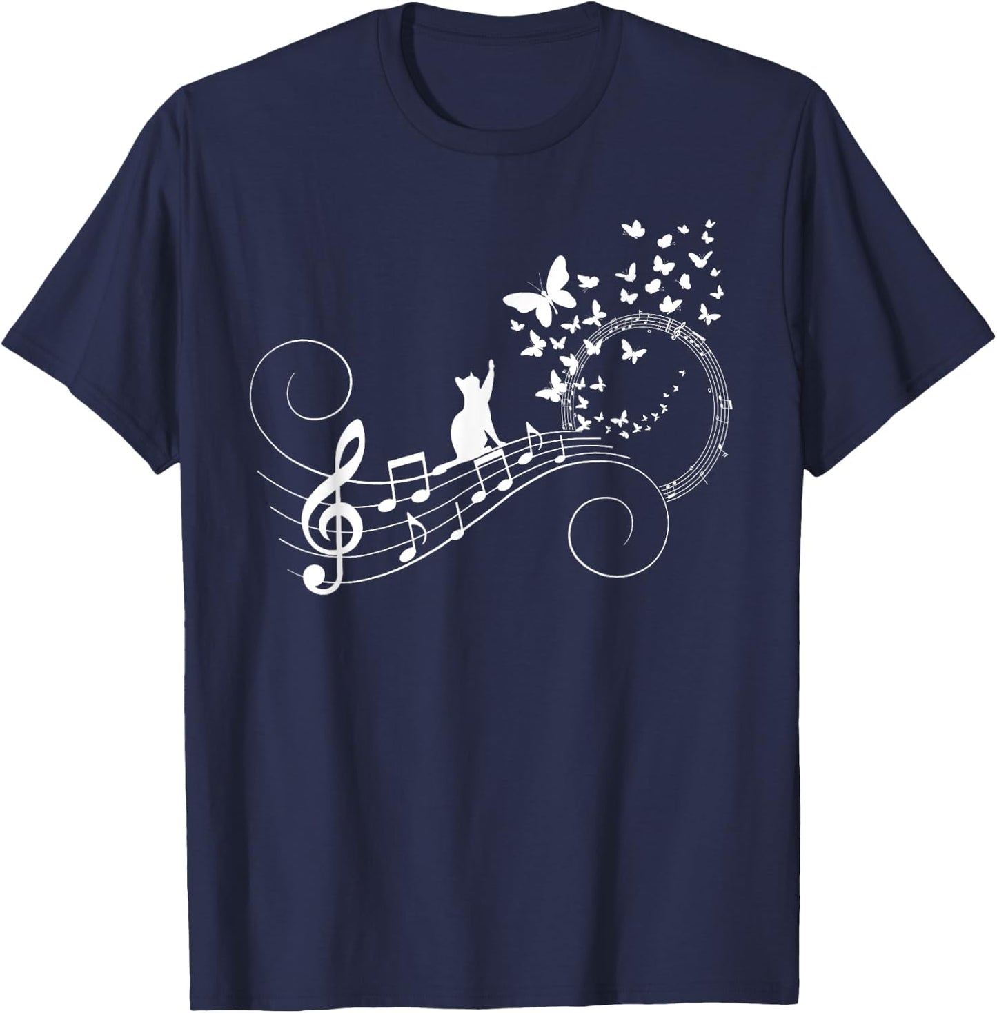 Funny Treble Clef Instrument Music Notes Butterflies Kitty T-Shirt - T-Shirt | Navy