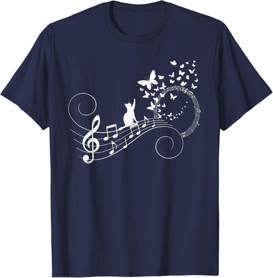 Funny Treble Clef Instrument Music Notes Butterflies Kitty T-Shirt - T-Shirt | Navy