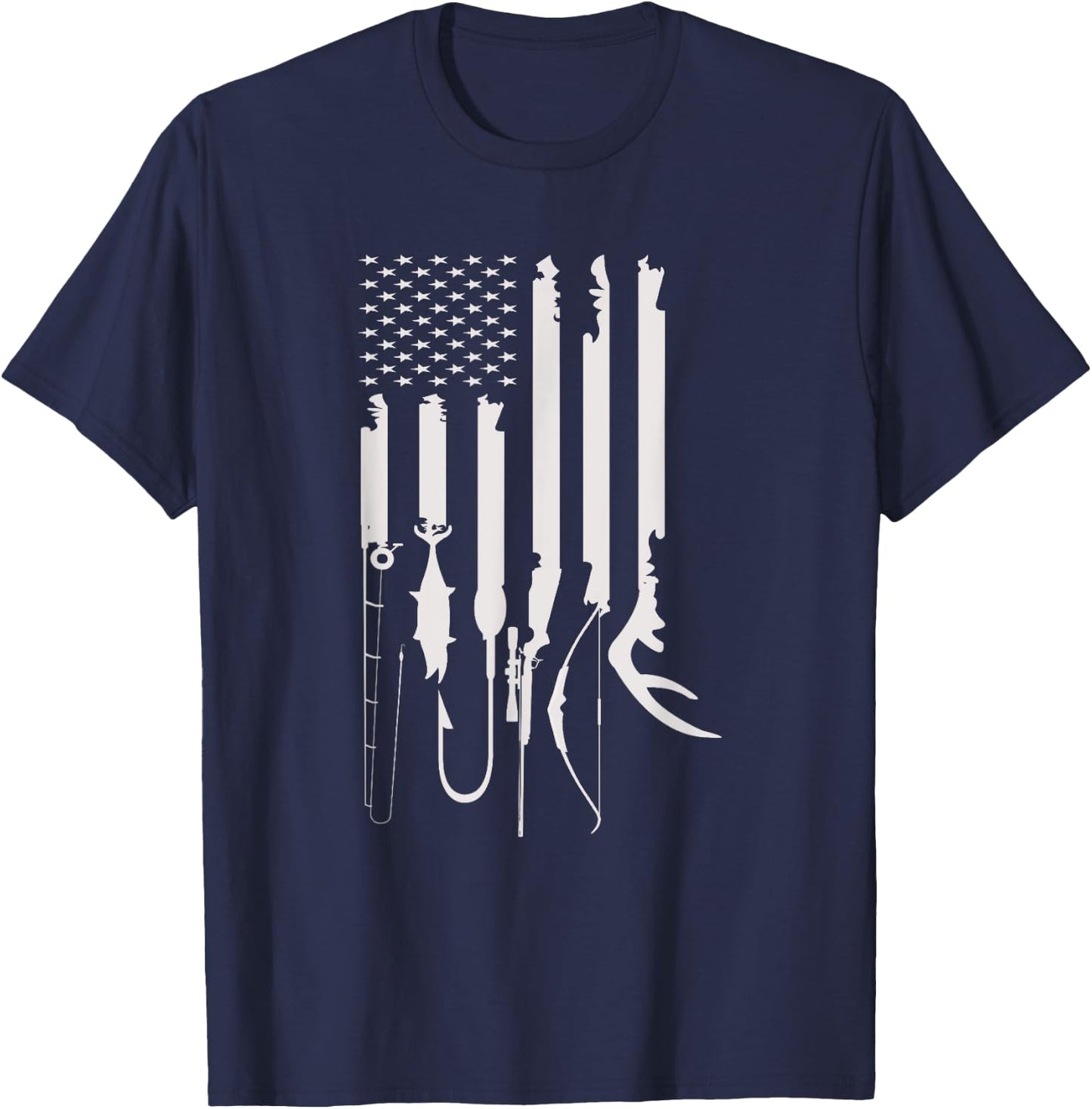 Hunting Fishing USA Flag American Themed Decor T-Shirt - T-Shirt | Navy