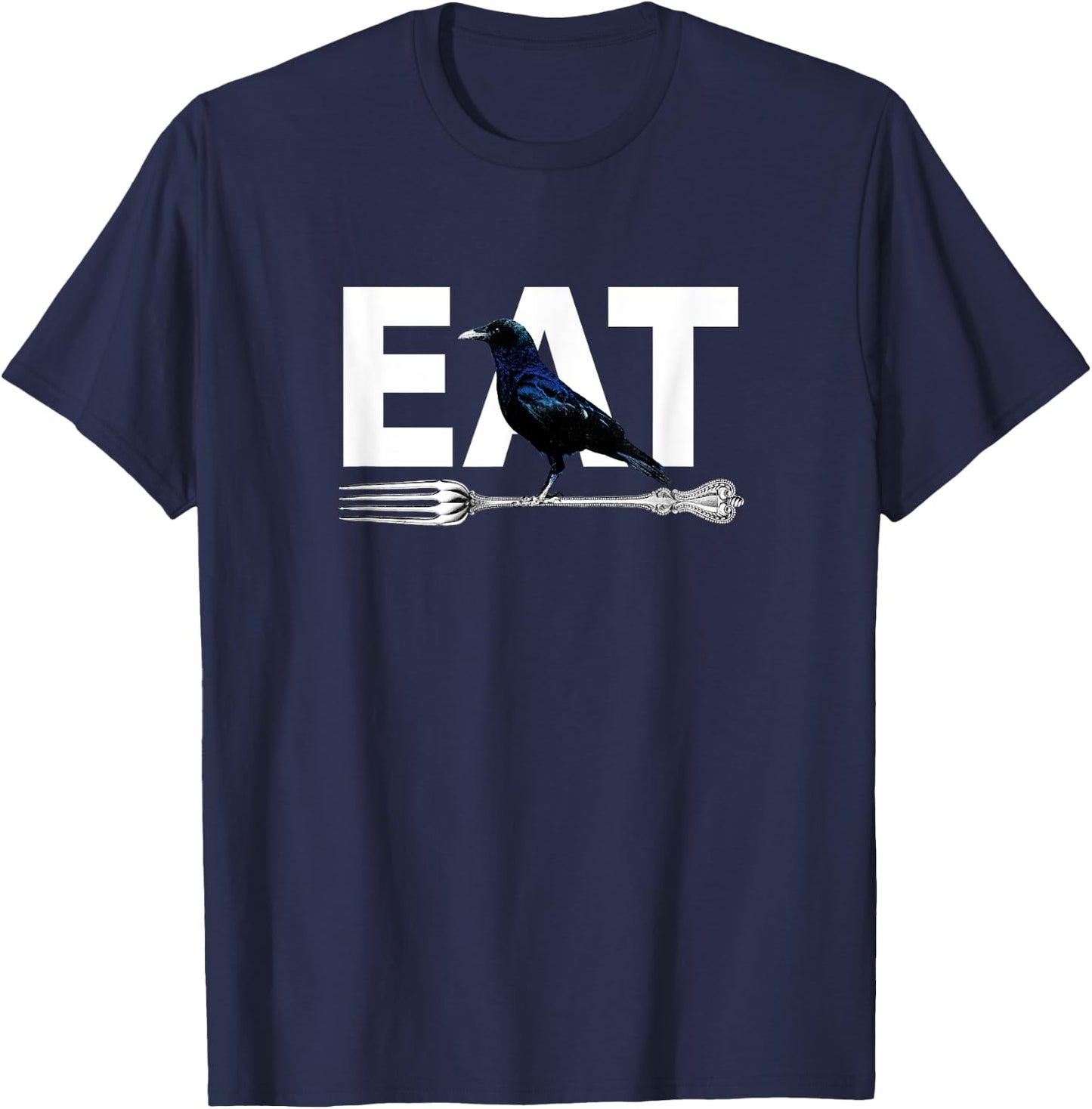 Eat Crow Humor | Black & Blue Crow & Silver Fork Funny Sorry T-Shirt - T-Shirt | Navy