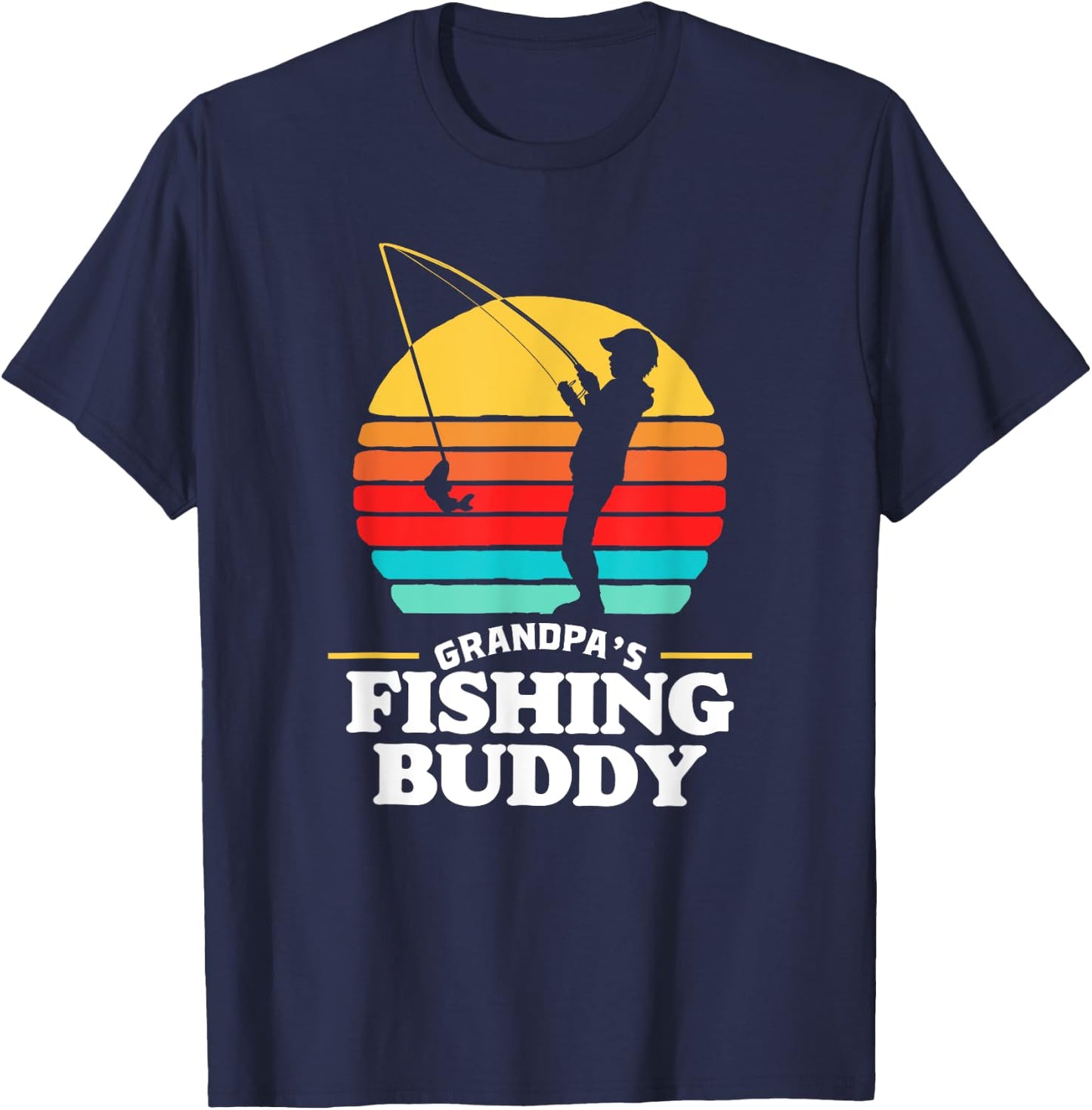 Grandpa's Fishing Buddy Cute Retro Kid 80s Sunset T-Shirt - T-Shirt | Navy