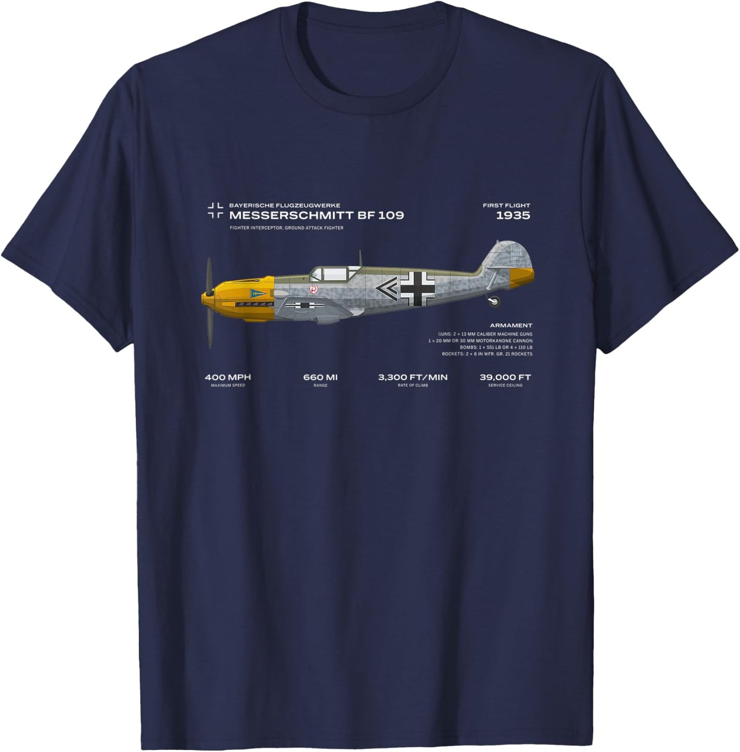 Vae Victis Messerschmitt Bf 109 WWII Airplane Historic War Bird Fighter T-Shirt - T-Shirt | Navy