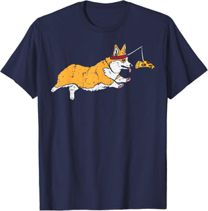 Running Welsh Corgi Pizza Funny Food Lover Dog Owner Gift T-Shirt - T-Shirt | Navy