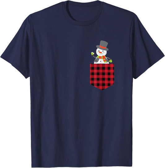 Cute Snowman Inside Buffalo Plaid Pocket Holiday Christmas T-Shirt - T-Shirt | Navy