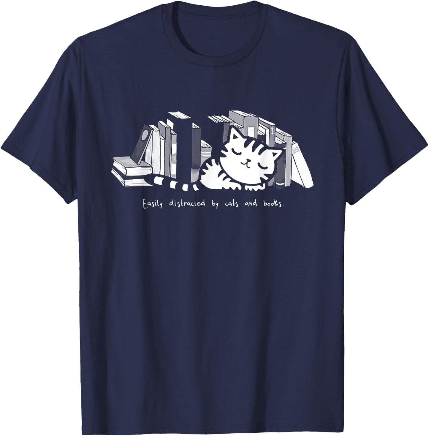 Easily Distracted by Cats And Books Cat Book Lover Women Girls Kids T-Shirt - T-Shirt | Navy