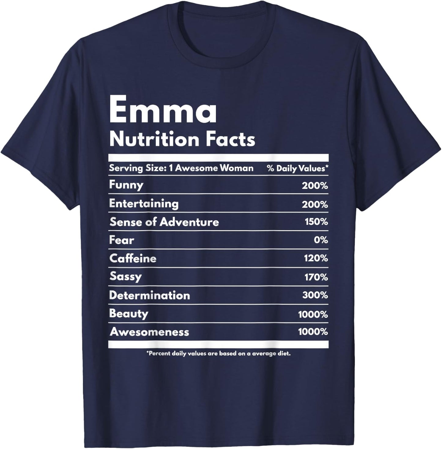 That's My Name Co. Emma Nutrition Facts Gift Funny Personalized Name Emma Black Cotton Polyester Modern Lace Letter Print Short Sleeve Classic Fit T-Shirt - T-Shirt | Navy