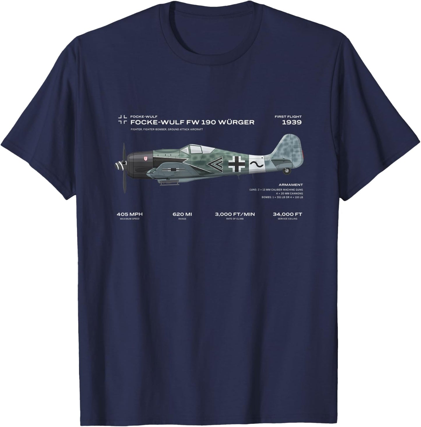 Focke Wulf Fw 190 WWII Airplane Historic War Bird Fighter T-Shirt - T-Shirt | Navy
