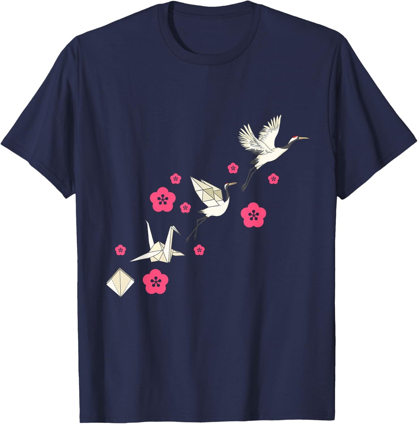 Common Crane Flowers Origami Bird Lover Nature Cute Birdie T-Shirt - T-Shirt | Navy