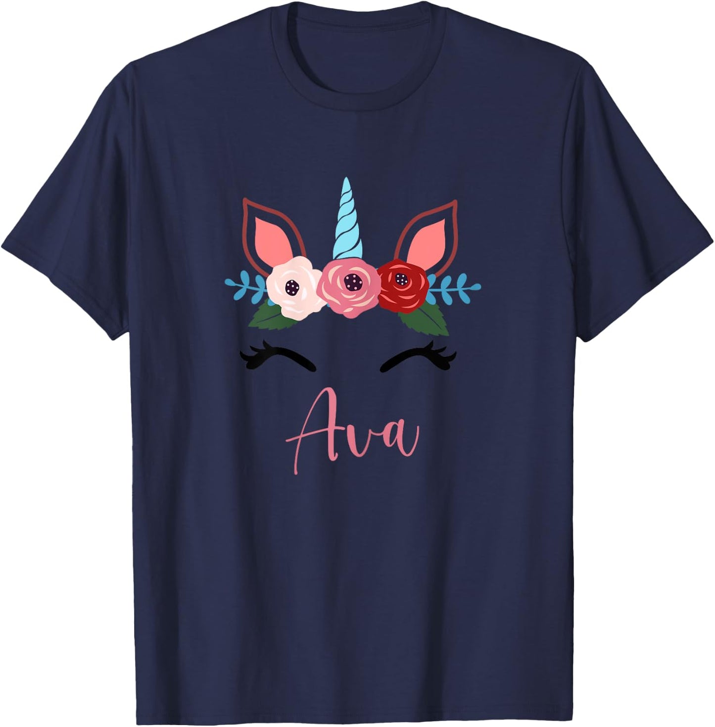 Cute Ava Magical Floral Unicorn For Girls T-Shirt - T-Shirt | Navy