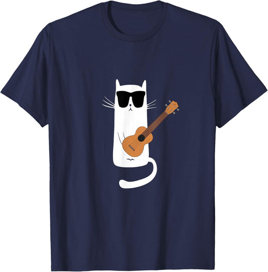 Funny Cat Wearing Sunglasses Playing Ukulele T-Shirt - T-Shirt | Navy