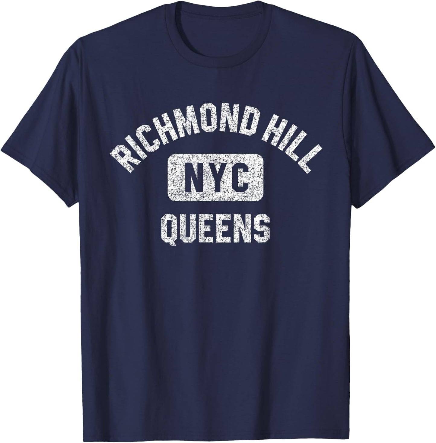 Richmond Hill Queens NYC Gym Style Distressed White Print T-Shirt - T-Shirt | Navy