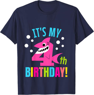 4 Year Old 4th Shark Party Birthday Baby Gift Girls And Boys T-Shirt - T-Shirt | Navy