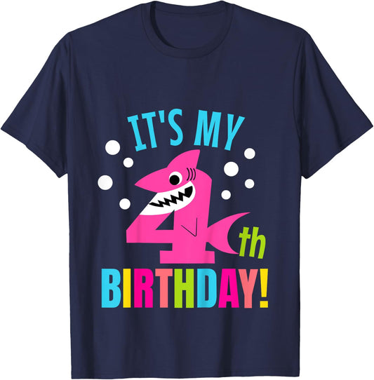 4 Year Old 4th Shark Party Birthday Baby Gift Girls And Boys T-Shirt - T-Shirt | Navy