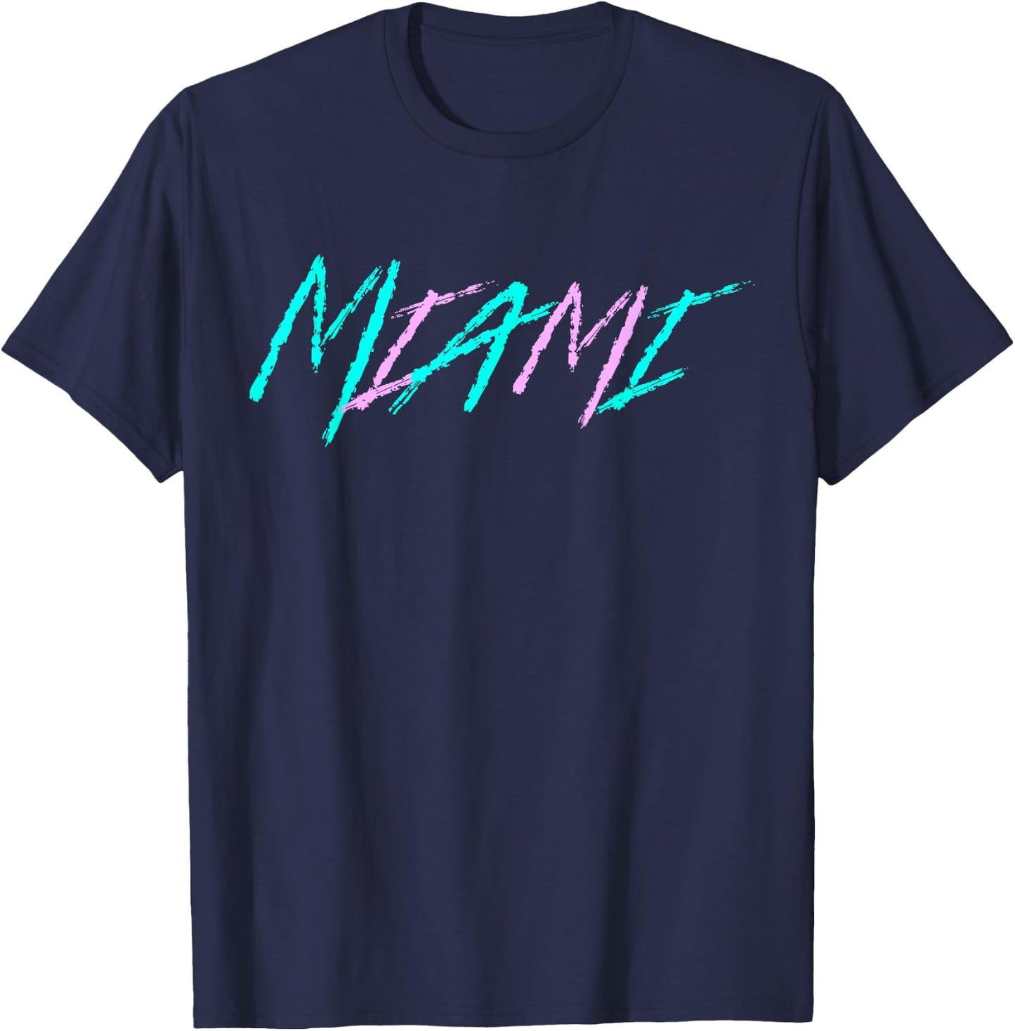 Classic 90's Teal and Pink Color Miami T-Shirt - T-Shirt | Navy