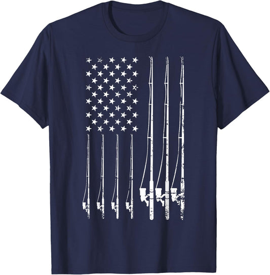 Fishing Gifts Fishing USA Black Adult Fishing Small Classic Fit Short Sleeve American Flag T-Shirt - T-Shirt | Navy