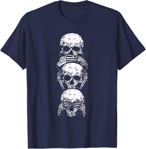 Hear See Speak No Evil Halloween Skull Skeleton Bones Gothic T-Shirt - T-Shirt | Navy
