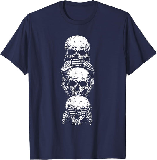 Hear See Speak No Evil Halloween Skull Skeleton Bones Gothic T-Shirt - T-Shirt | Navy