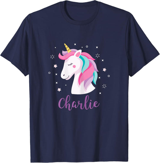 Cute Charlie Unicorn Personalized Name Girls Gifts T-Shirt - T-Shirt | Navy