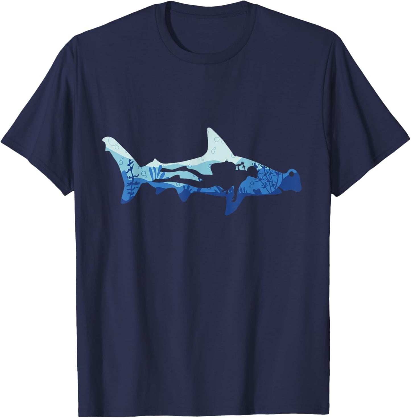 Hammerhead Shark Scuba Diver Silhouette Ocean Diving Graphic T-Shirt - T-Shirt | Navy