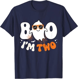 Kids Boo I'm Two Ghost Second 2nd Birthday Boy Groovy Halloween T-Shirt - T-Shirt | Navy