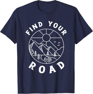 Funny Road Trip Shirts - Find Your Road - -Adults - Black - Small - Short Sleeve - Classic Fit - Cotton 65%, Polyester 35% T-Shirt - T-Shirt | Navy