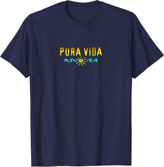 Pura Vida, Costa Rica, Wave, Sun, Happiness, Satisfaction T-Shirt - T-Shirt | Navy