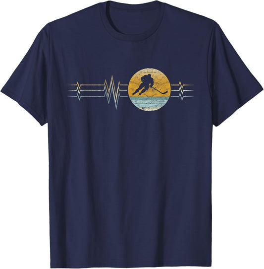 Retro Heartbeat Ice Hockey Sports Lifeline Vintage Gift T-Shirt - T-Shirt | Navy