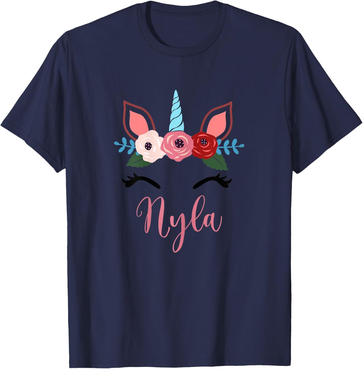 Cute Nyla Magical Floral Unicorn For Girls T-Shirt - T-Shirt | Navy