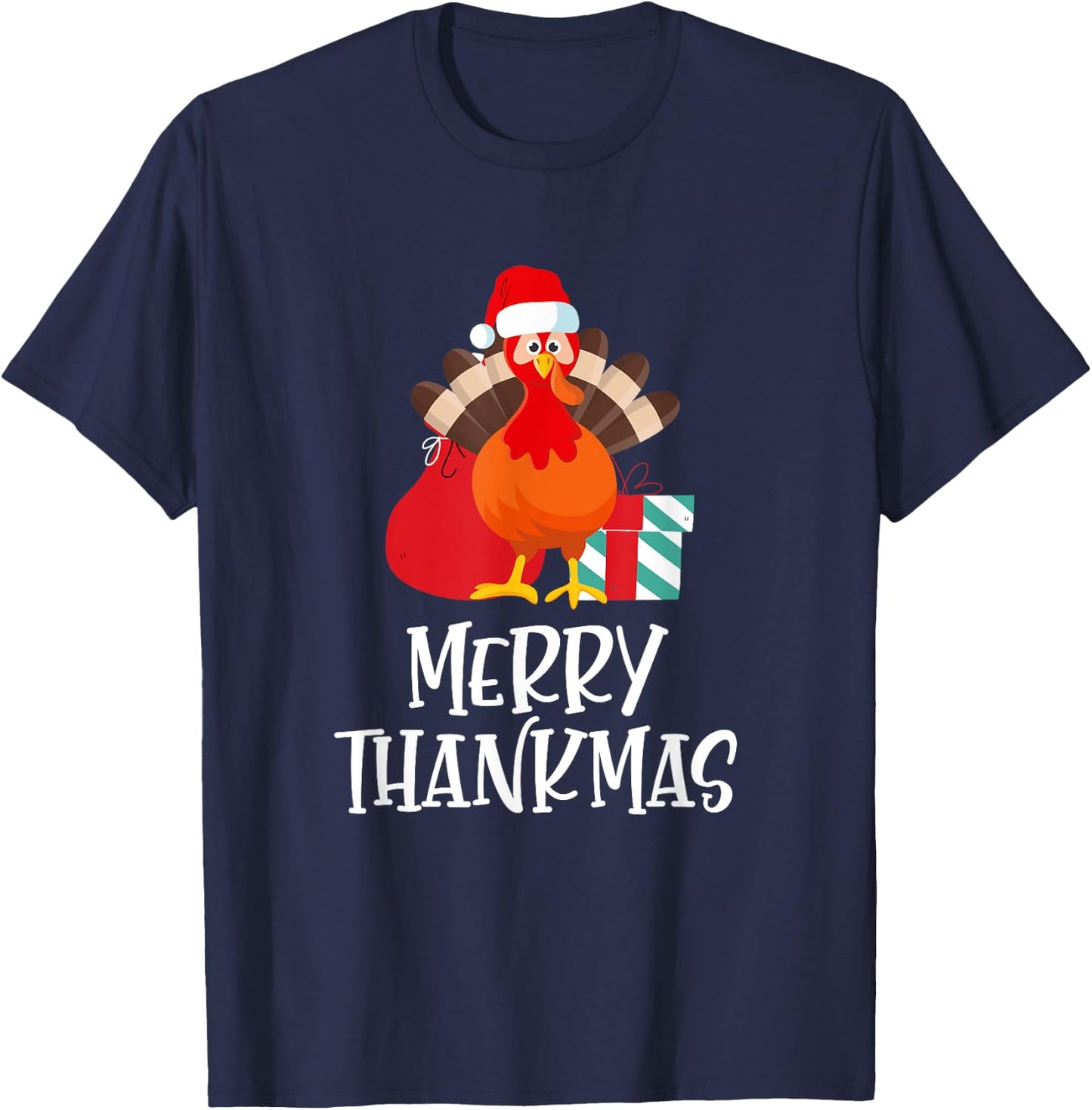 Merry Thanksmas Happy Thanksgiving Santa Turkey Gift T-Shirt - T-Shirt | Navy