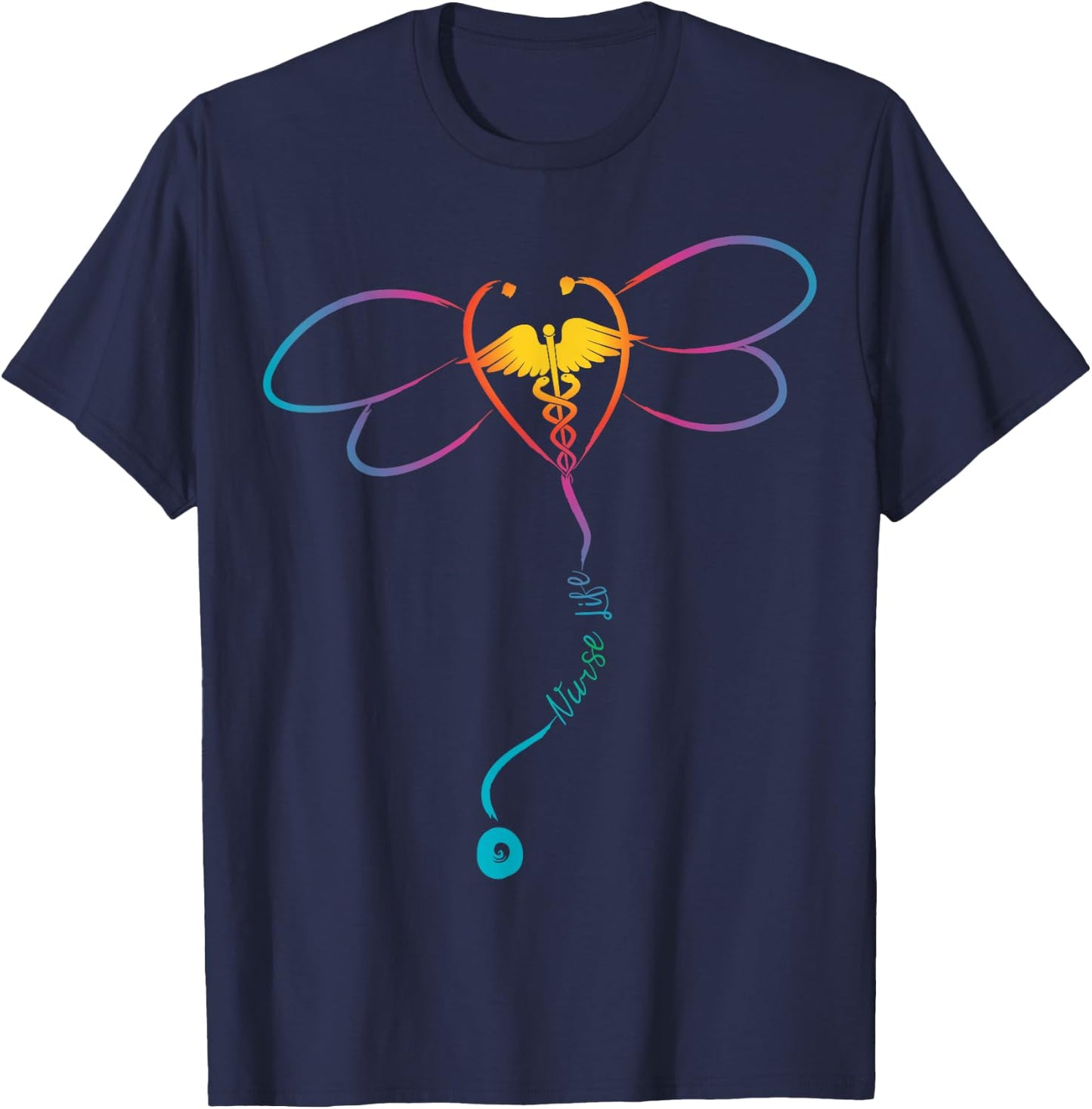 Nurse Life RN Colorful Dragonfly Stethoscope T-Shirt - T-Shirt | Navy