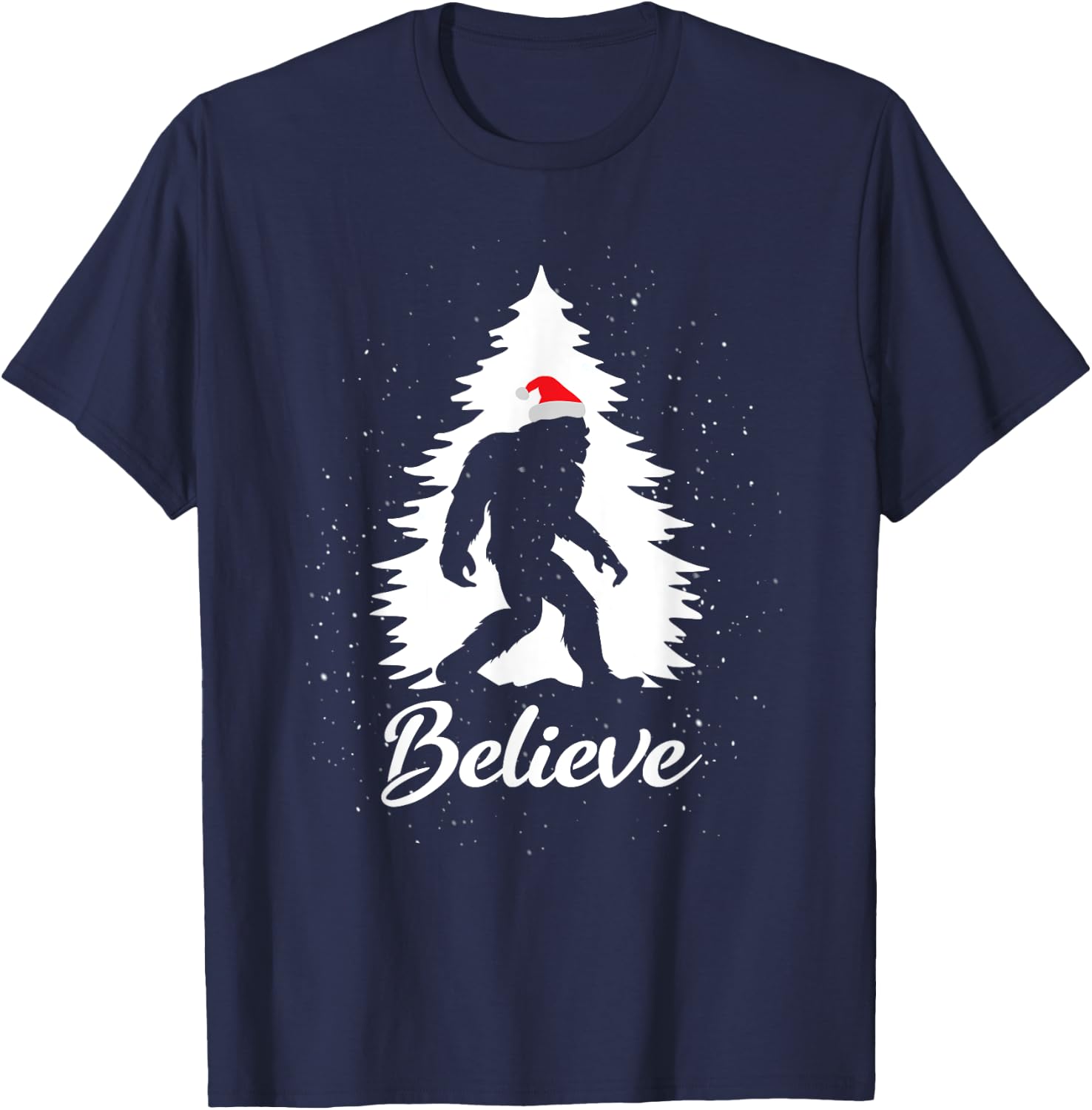 Bigfoot Sasquatch Santa Hat Believe Christmas Gift T-Shirt - T-Shirt | Navy