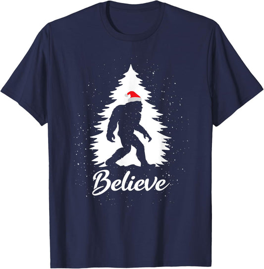 Bigfoot Sasquatch Santa Hat Believe Christmas Gift T-Shirt - T-Shirt | Navy