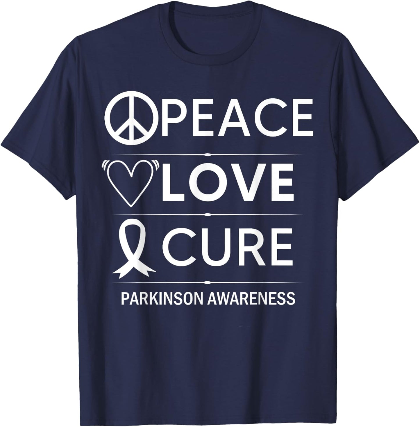 Parkinsons Disease Awareness Peace Love Cure Silver Ribbon T-Shirt - T-Shirt | Navy