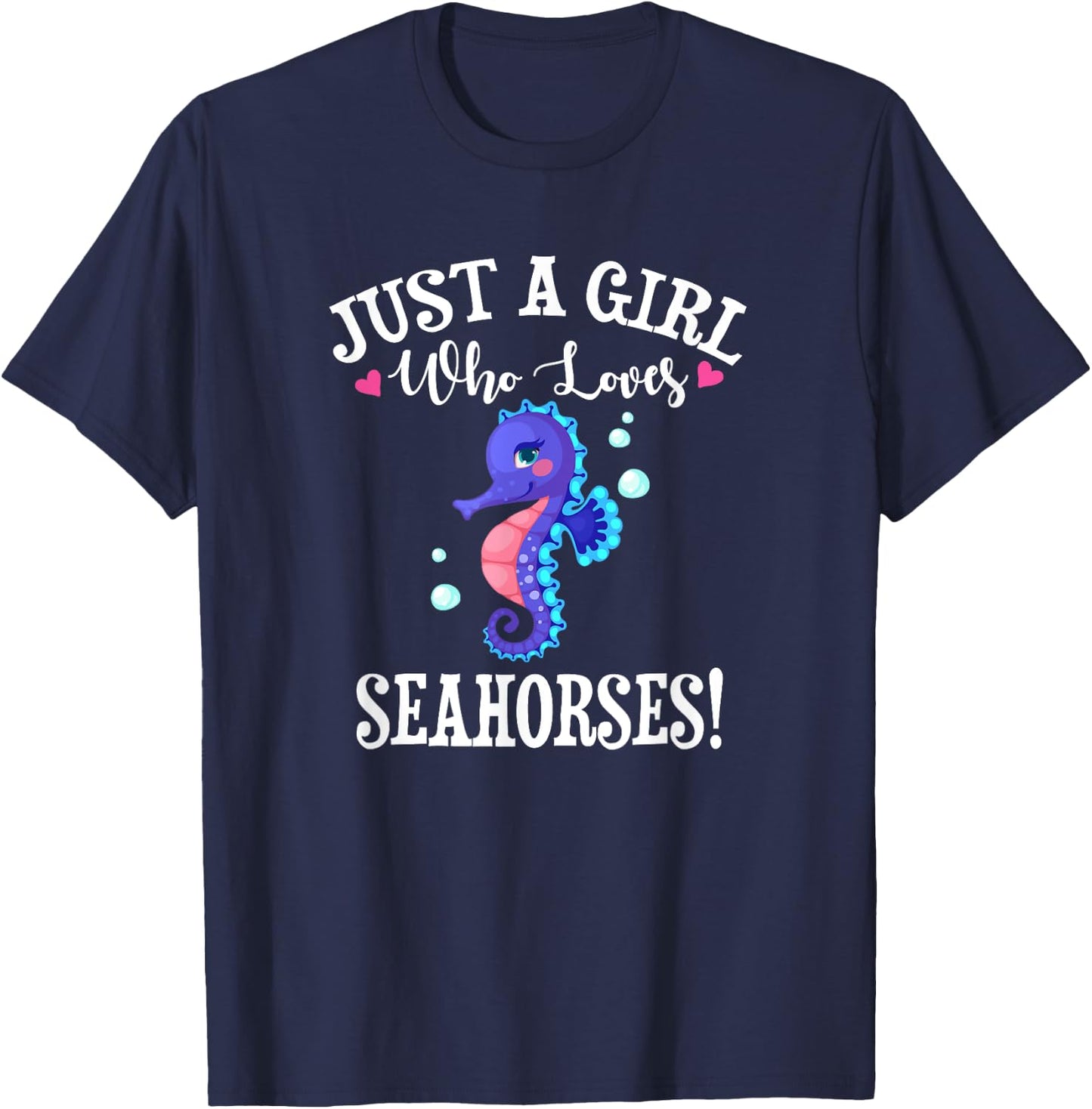 Cute Funny Cartoon Girl Who Loves Seahorses Lover T-Shirt - T-Shirt | Navy