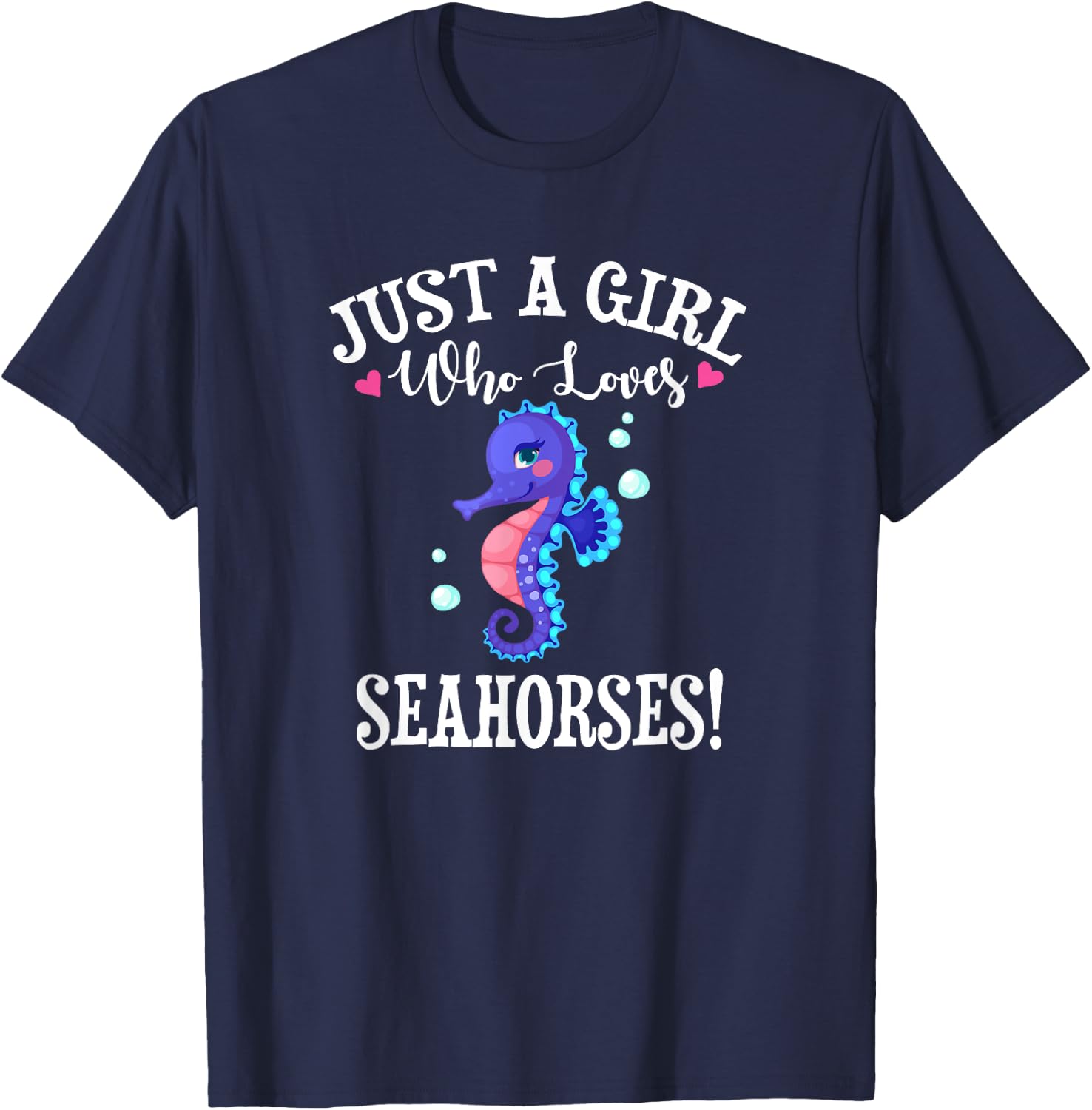 Cute Funny Cartoon Girl Who Loves Seahorses Lover T-Shirt - T-Shirt | Navy