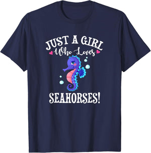 Cute Funny Cartoon Girl Who Loves Seahorses Lover T-Shirt - T-Shirt | Navy
