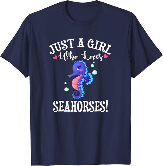 Cute Funny Cartoon Girl Who Loves Seahorses Lover T-Shirt - T-Shirt | Navy