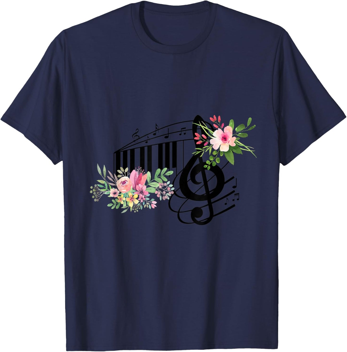 Cut Music Teacher Shirt with a Piano Keys, Notes and Flowers T-Shirt - T-Shirt | Navy