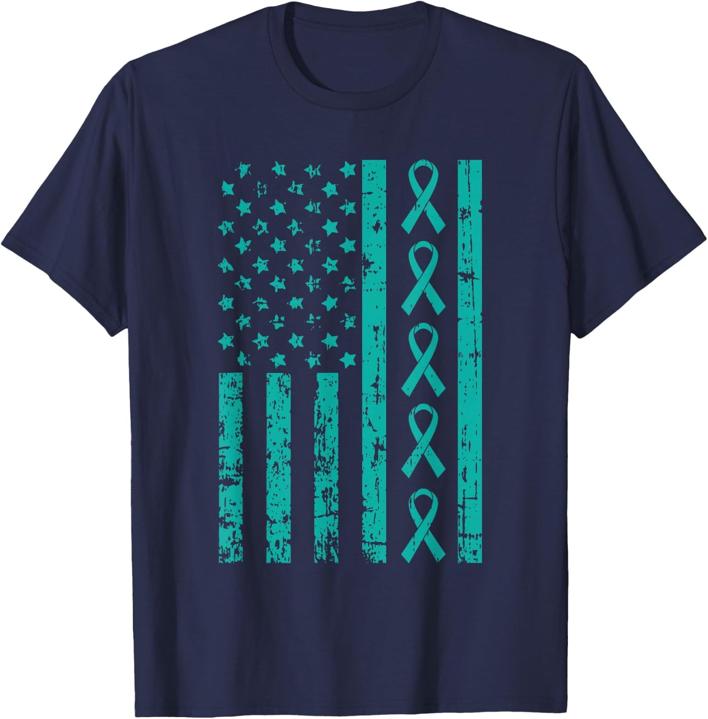 American Flag Teal Ribbon Cool Ovarian Cancer Awareness Gift T-Shirt - T-Shirt | Navy