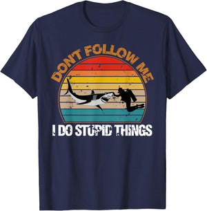 Vintage Don't Follow Me I Do Stupid Thing Scuba Diving Gifts T-Shirt - T-Shirt | Navy