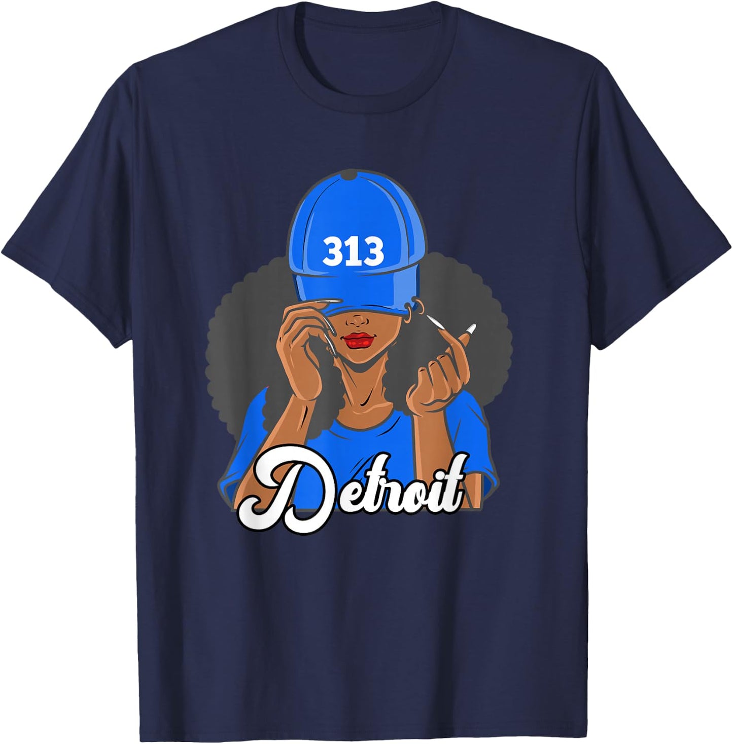 313 Detroit Michigan Black Woman Hat Afro Puffs T-Shirt - T-Shirt | Navy