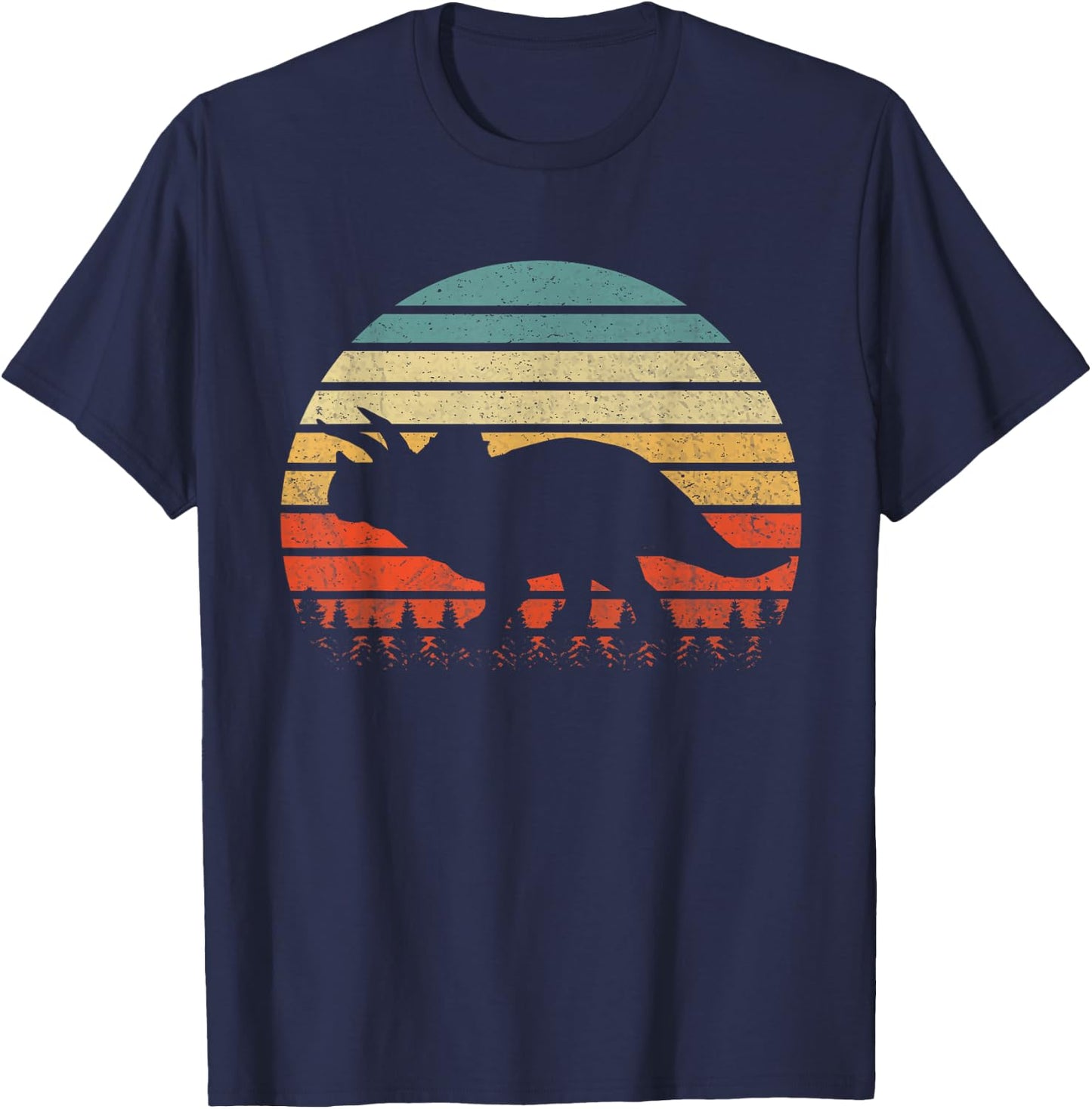Vintage Triceratops Dinosaurus Sunset Retro T-Shirt - T-Shirt | Navy
