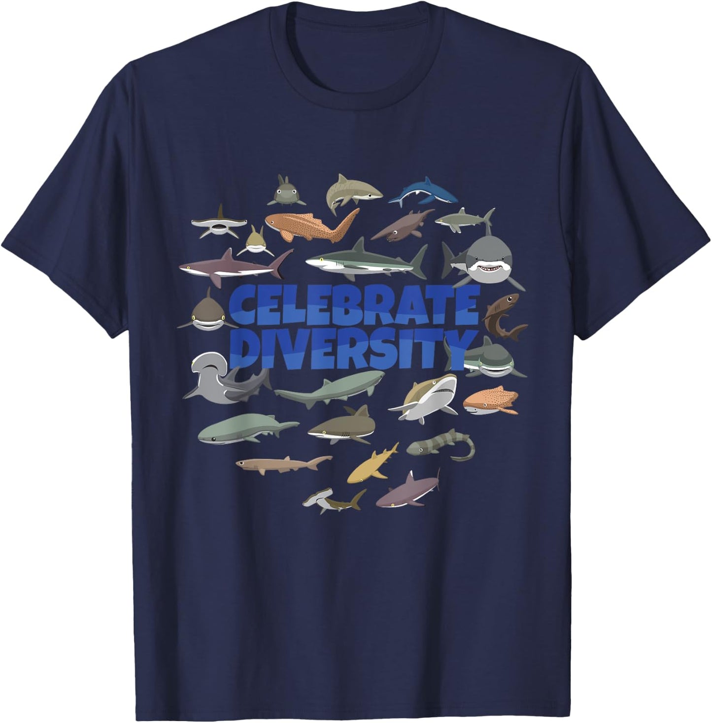 Celebrate Diversity | Sharks Apparel Types of Shark Lovers T-Shirt - T-Shirt | Navy