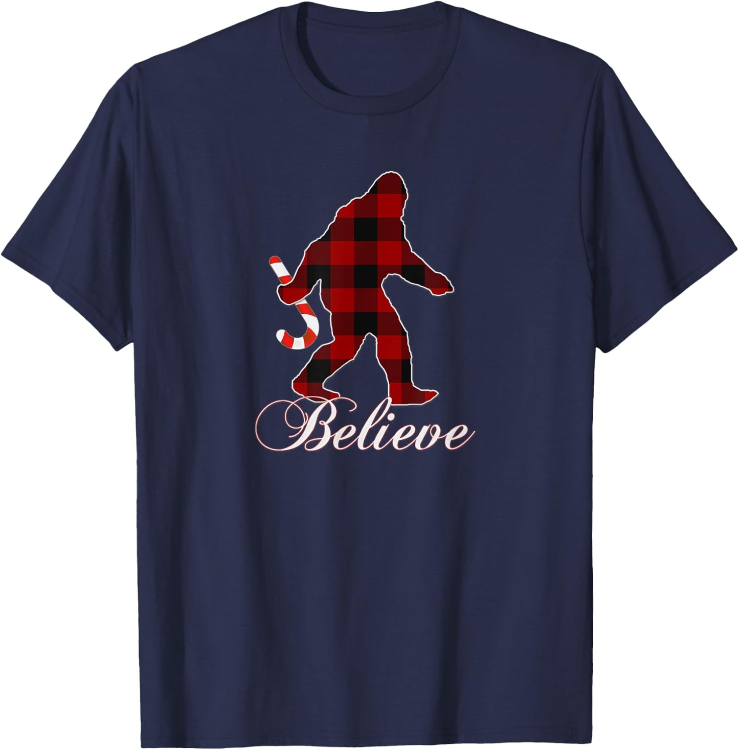 Bigfoot Buffalo Plaid Believe Candy Cane Christmas Pajamas T-Shirt - T-Shirt | Navy