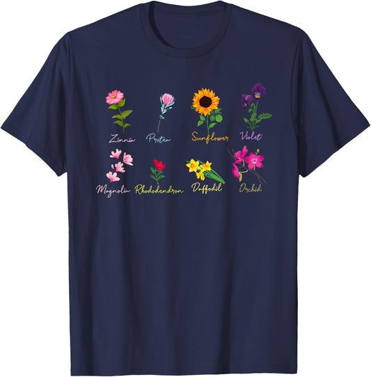 Vintage Inspired Flower Botanical Chart T-Shirt - T-Shirt | Navy