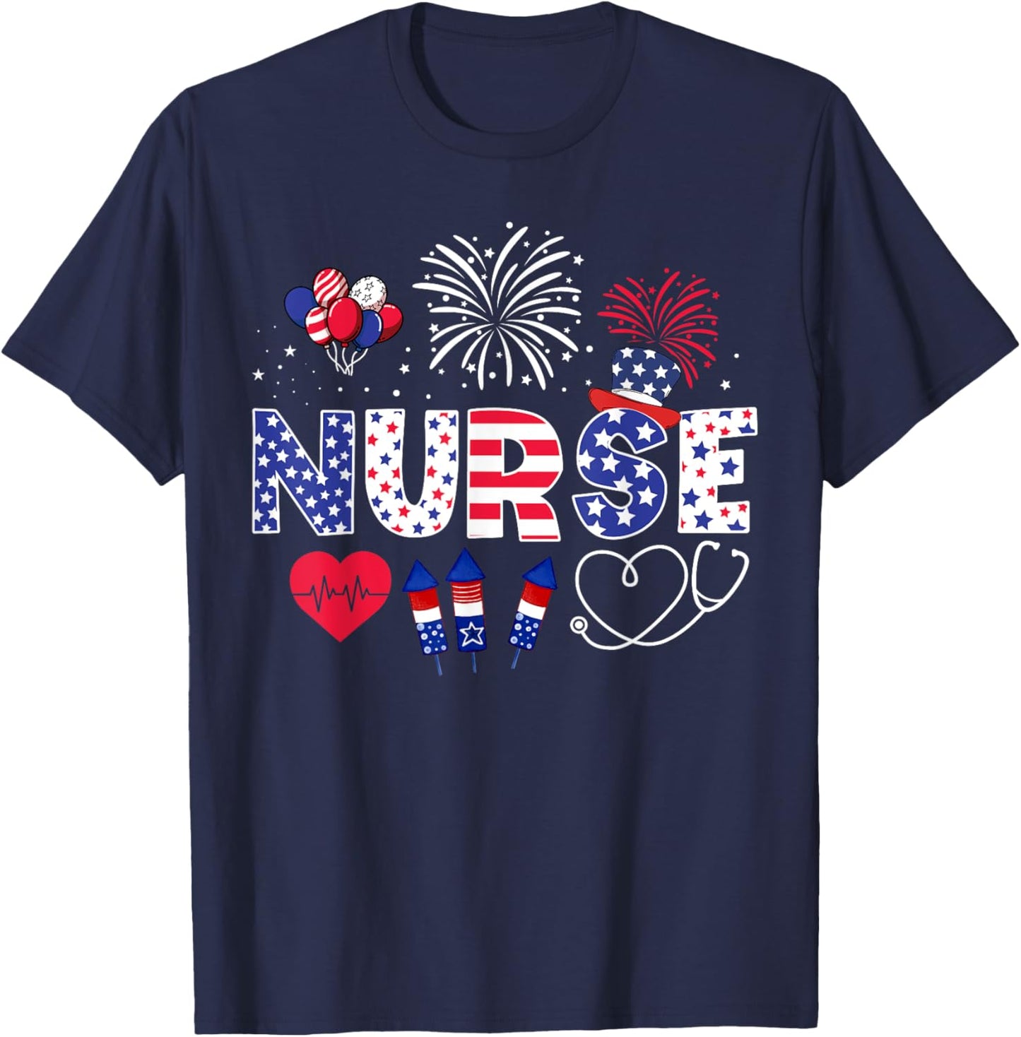 4th of July Nurse American Flag Fourth Of July Nurse T-Shirt - T-Shirt | Navy