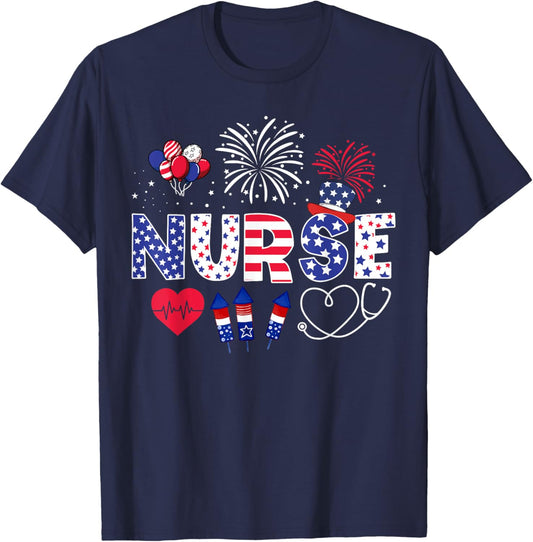 4th of July Nurse American Flag Fourth Of July Nurse T-Shirt - T-Shirt | Navy